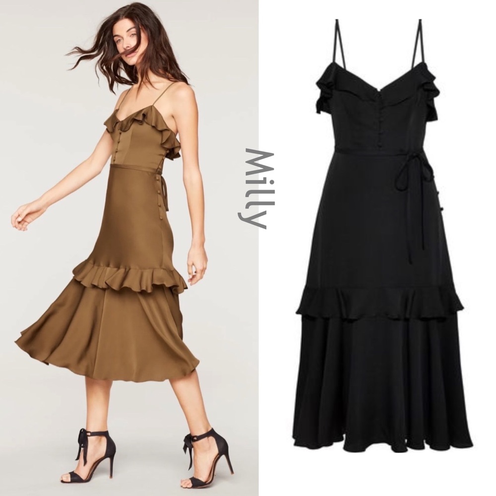 Milly Ruffle-Trim Midi Dress in Black